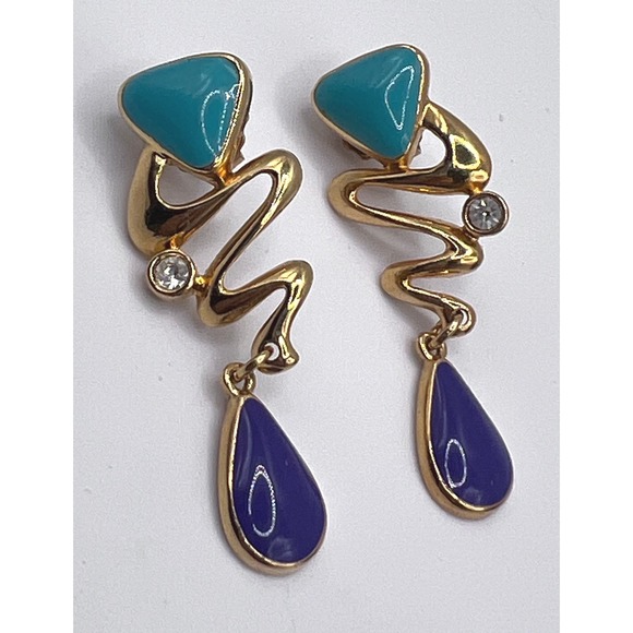 Source Unknown Jewelry - Vintage Abstract Enamel Drop Earrings Teal Purple Gold Tone Pierced 2"